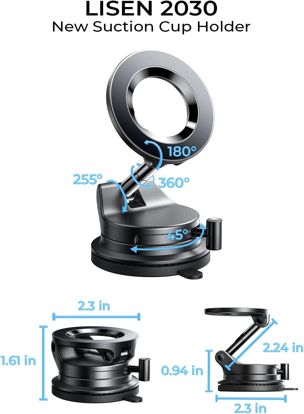 LISEN Suction Cup Phone Mount, Vacuum Magnetic Phone Holder, 360° Adjustable for MagSafe Car Holder