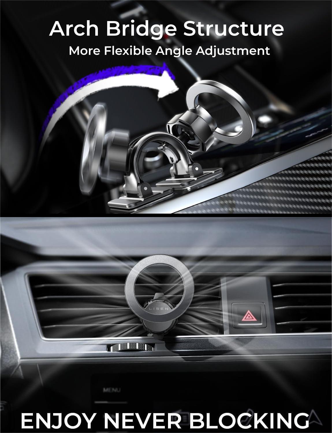 LISEN 適用於 MagSafe 車用支架,360° 旋轉磁性車用手機支架,免持 iPhone 磁性車用支架,適用於 iPhone 15 14 13 12 Pro Max Plus Mini 的磁性車用支架,Magsafe 配件