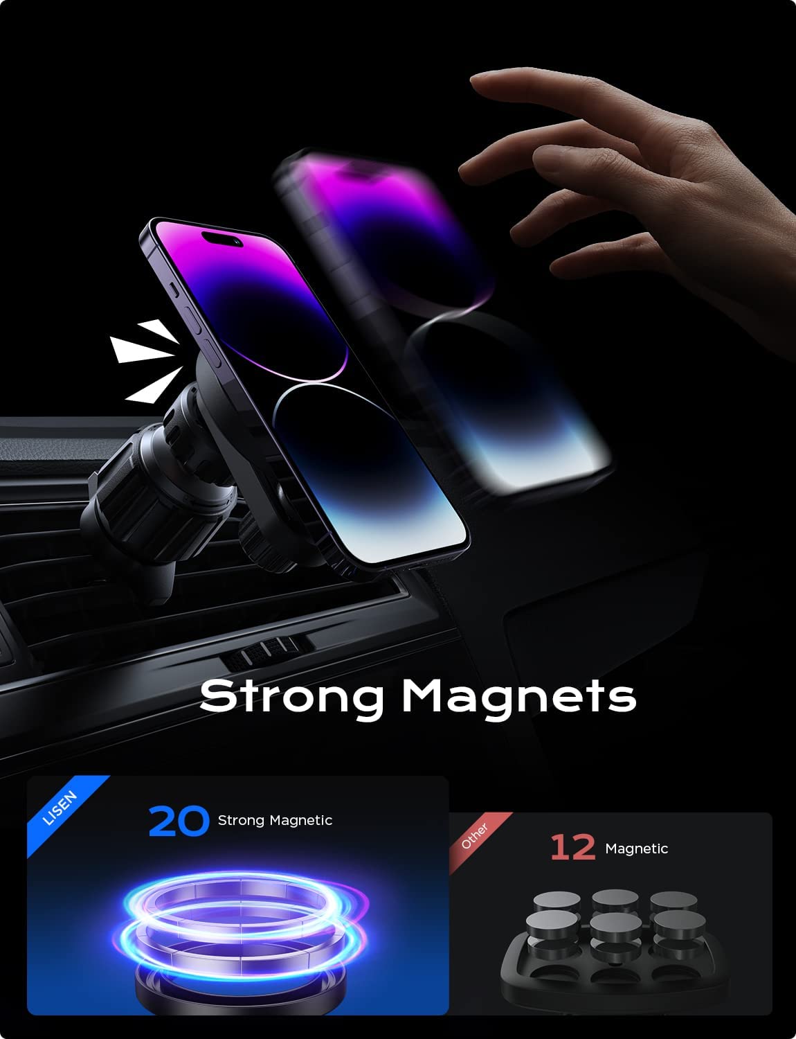 LISEN Phone Holder Car, [Upgraded Clip] Magnetic Phone Mount [6 Strong  Magnets] Car Phone Mount [Case Friendly] Phone Car Holder Mount Compatible  with