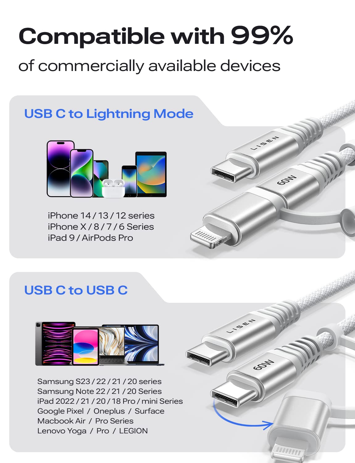 Lisen 2-in-1 USB C to C/Lightning Cable