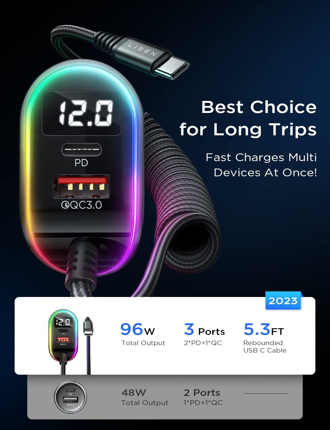 Lisen USB C Fast Car Charger with Cable