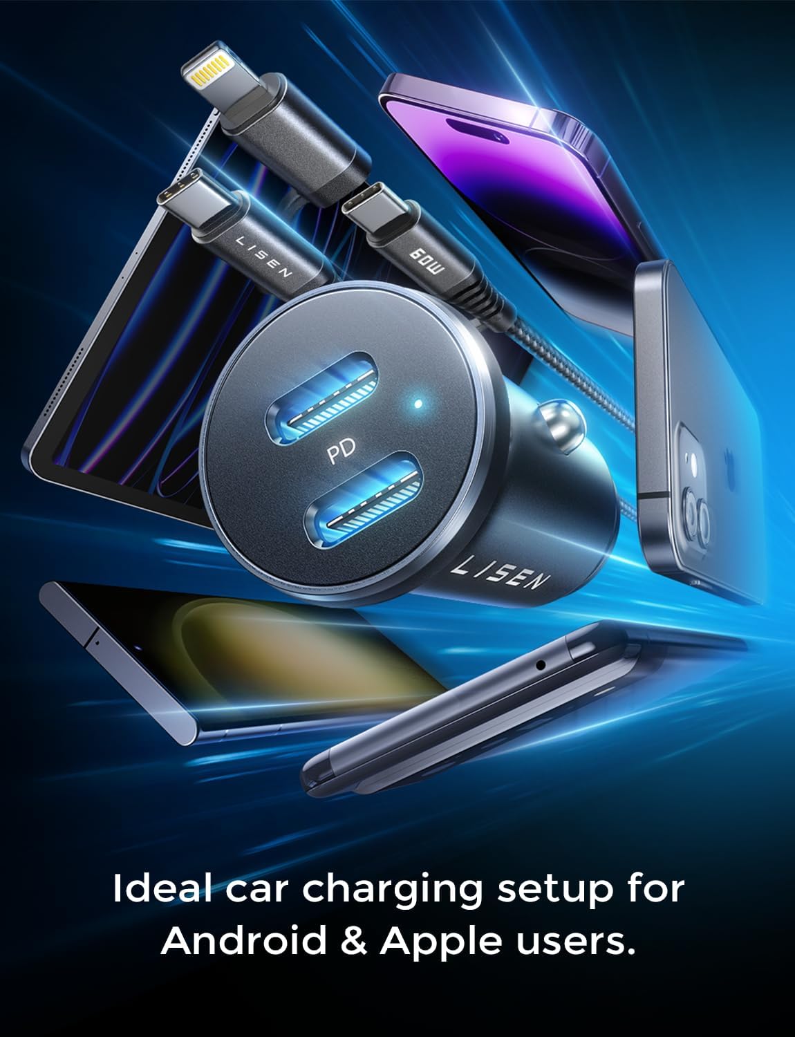 Lisen Dual USB C Car Charger with Cable
