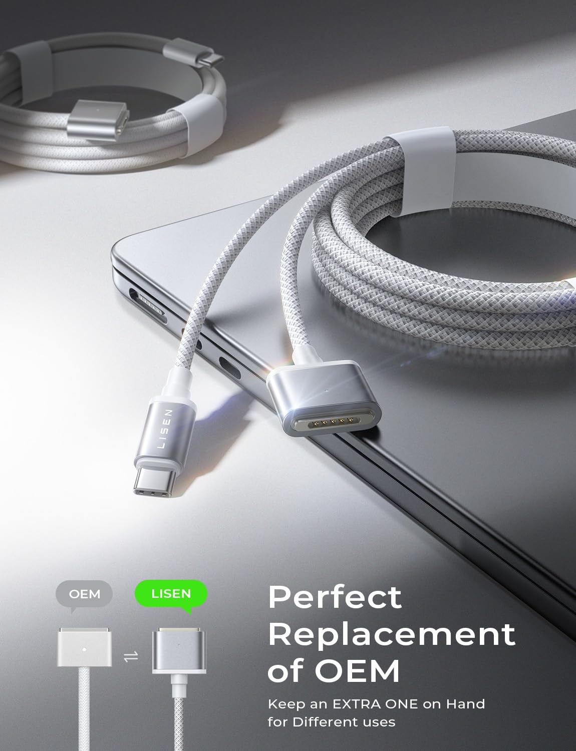 LISEN 140W USB-C Magnetic 3 Cable Fit for MacBook Charger, Nylon Braided 6FT Fit for MacBook Air 2023/2022(M2),MacBook Pro 2023(M3,M2,14-16 inch),MacBook Pro Charger Cord (M1)
