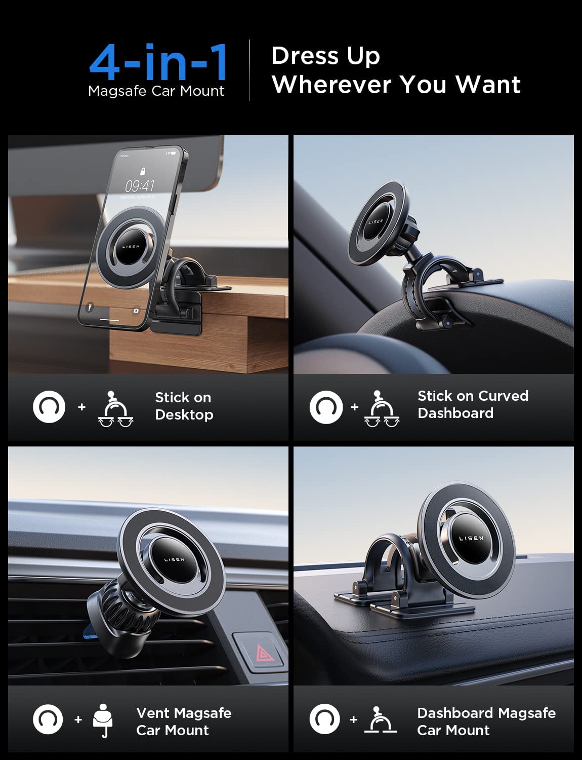 LISEN für Magsafe Autohalterung [20xN55] KFZ Handyhalterung Auto Magnet für  iPhone Halterung Auto 4 in 1 Handyhalterung Auto